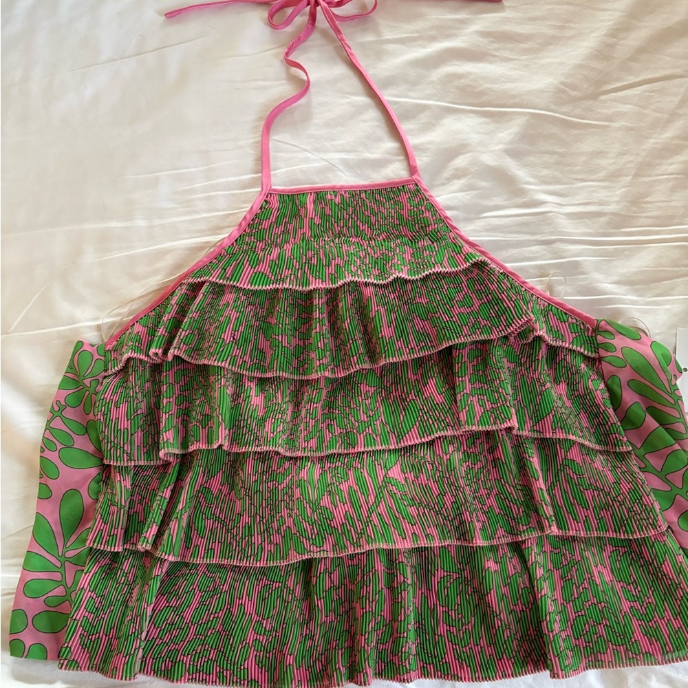 NWT Trina Turk Vibrant Pink and Green Petal Print Plisse Ruffle One Piece Halter